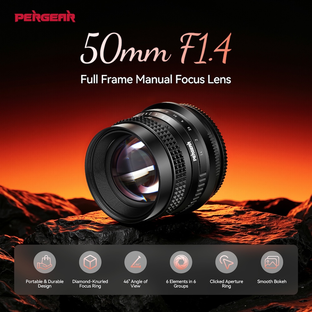 Pergear announced a new 50mm f/1.4 compact full-frame manual focus lens for E/L/Z/RF mount