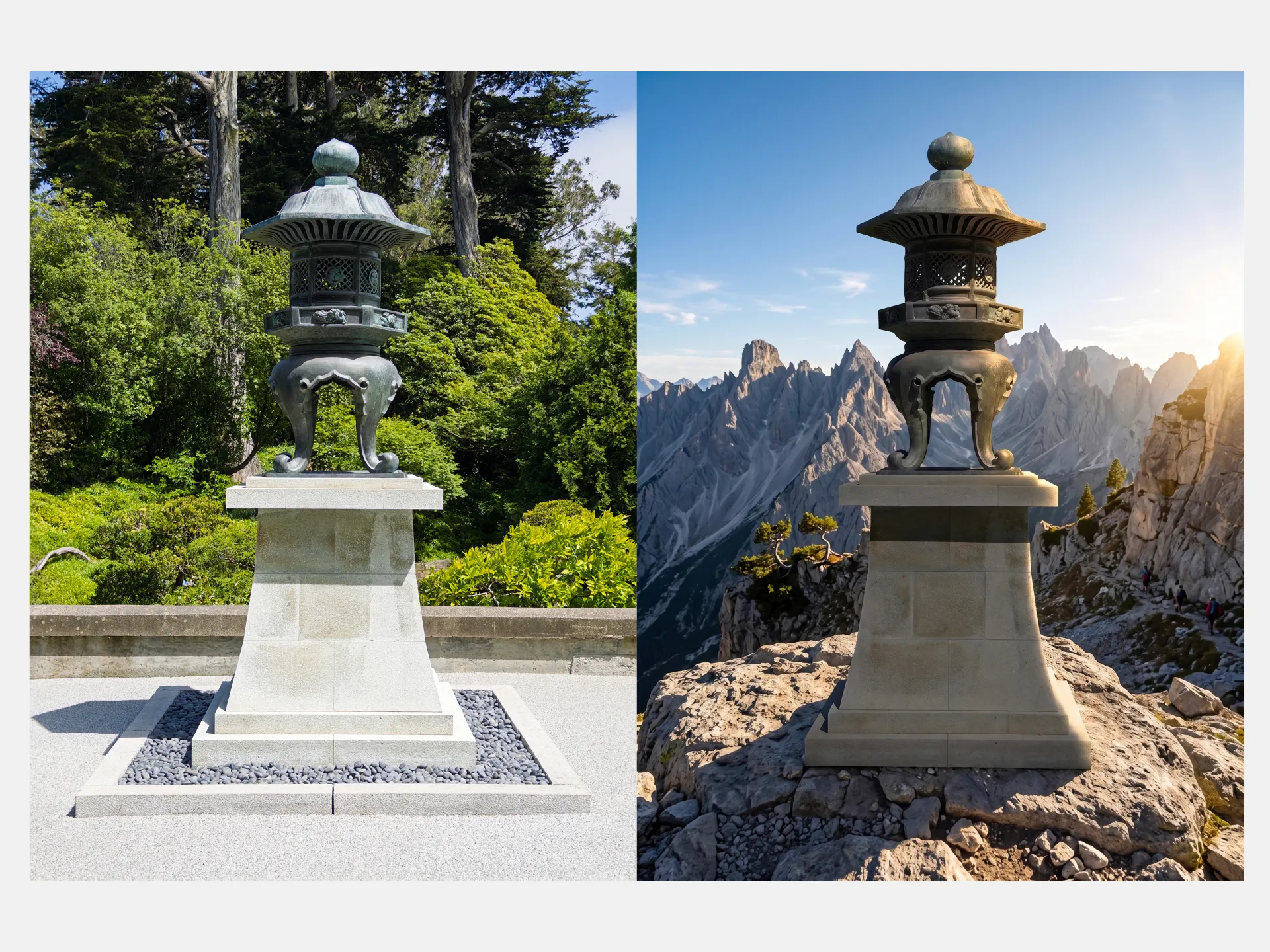 A side-by-side image of the same ornate metal lantern, shown on a stone pedestal in a lush garden on the left and on a rocky mountain ledge with dramatic peaks at sunset on the rig